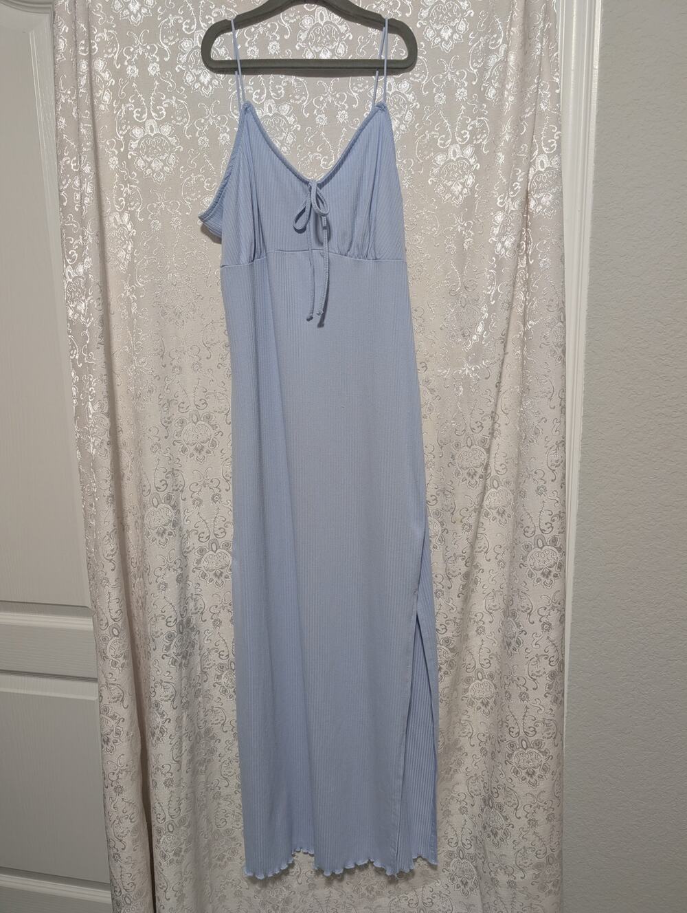 No Comment NY LA Ribbed Knit Maxi Dress Powder Blue Tie Front Lettuce Hem XL